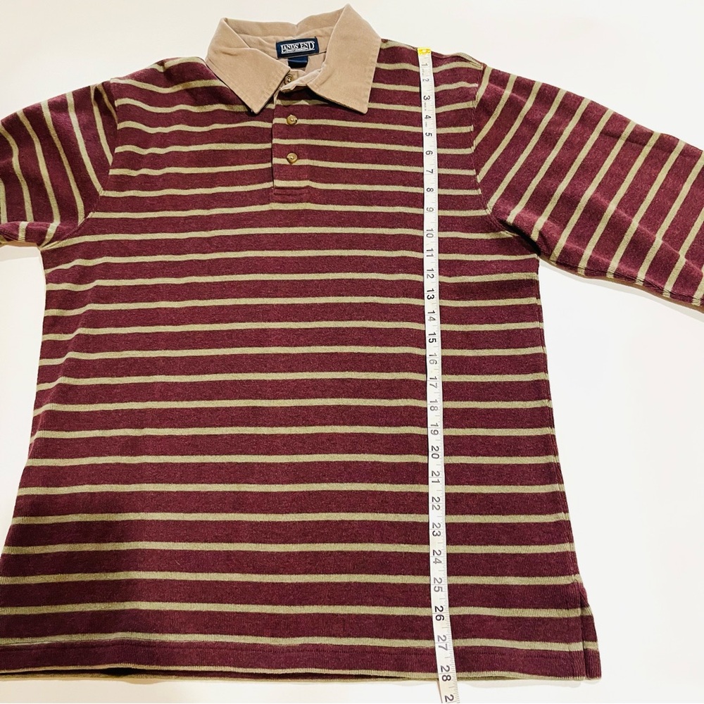 😎Vtg 90s Khaki Green Burgundy Striped Rugby Shirt Thick Cotton Grunge Lands End - Picture 11 of 15